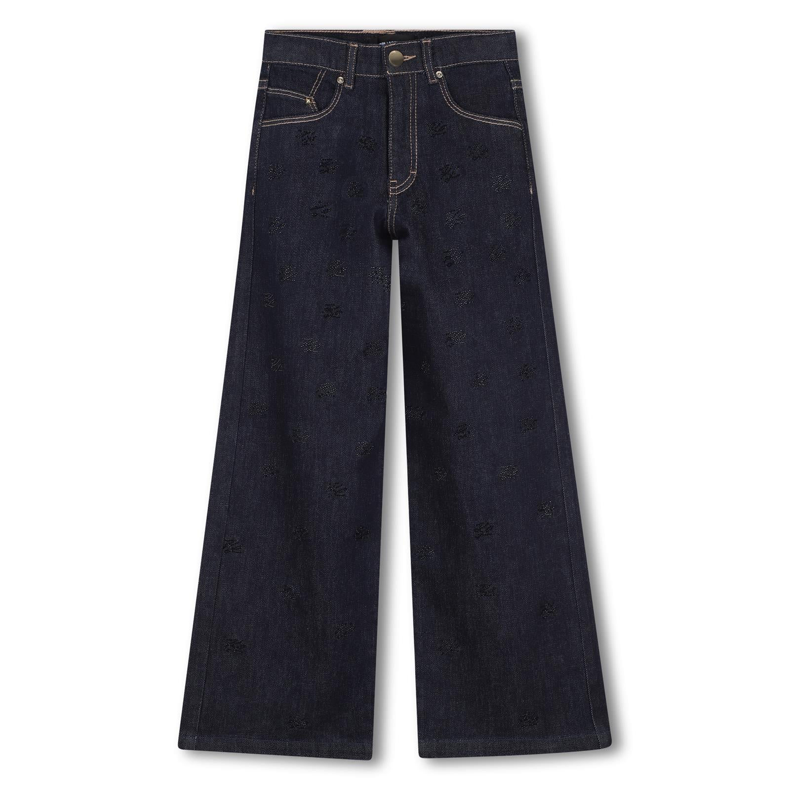 Pantaloni in denim (99% cotton, 1% elastane). Vestibilità ampia. Kl autograph strass sul davanti. Button e zip chiusura sul davanti. Vita regolabile up to size 10y. Davanti e retro tasche. Branded plaque sul retro of fascia in vita. Z31342 Z10 KARL LAGERFELD KIDS 
