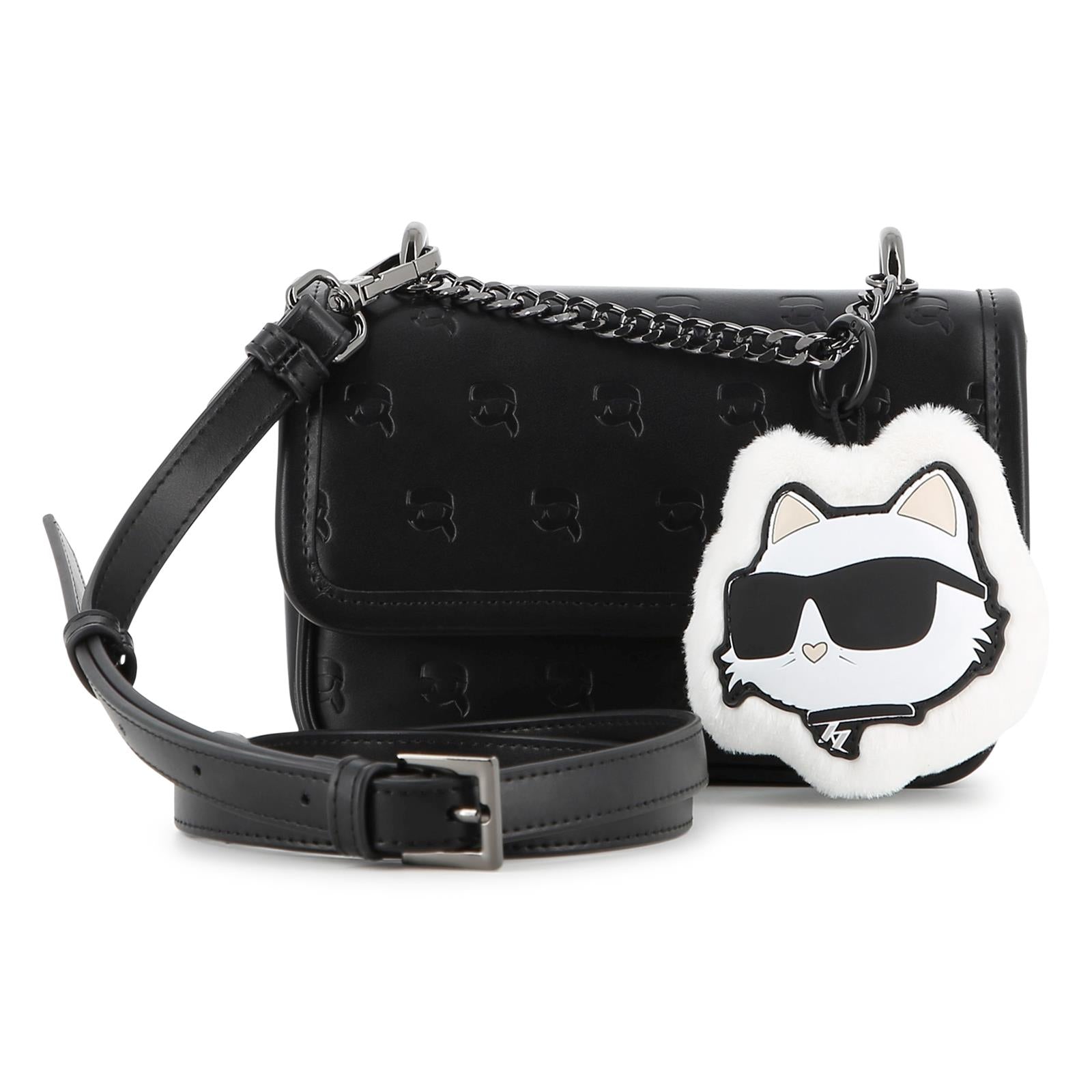 Handbag in simili con karl all-over hollow. Removable eco-pelliccia choupette key charm. Removable e regolabile strap in simili. Short handle in metal chain. Magnet chiusura. Branded fodera. Metal plate on retro. Dimensions : 12x18x5cms Z31458 09B KARL LAGERFELD KIDS 