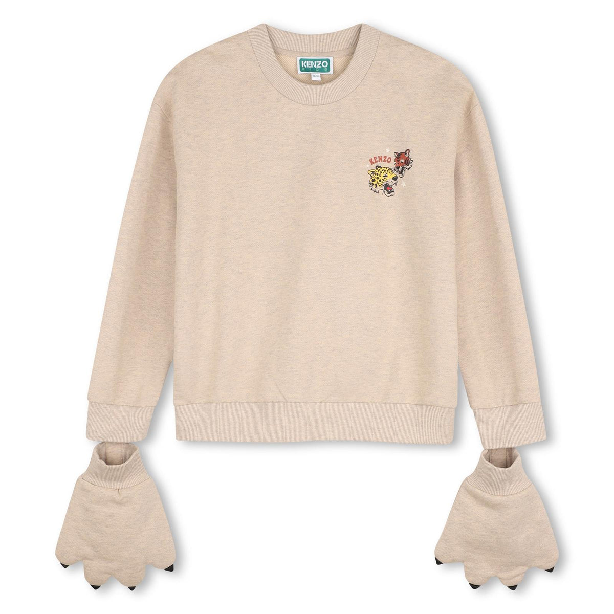 Sweatshirt in unbrushed fleece (98% cotton, 2% polyester), branded stampa on chest e nel retro. Removable tiger paw-shaped mittens con snap fastener. K61958 230 KENZO KIDS 