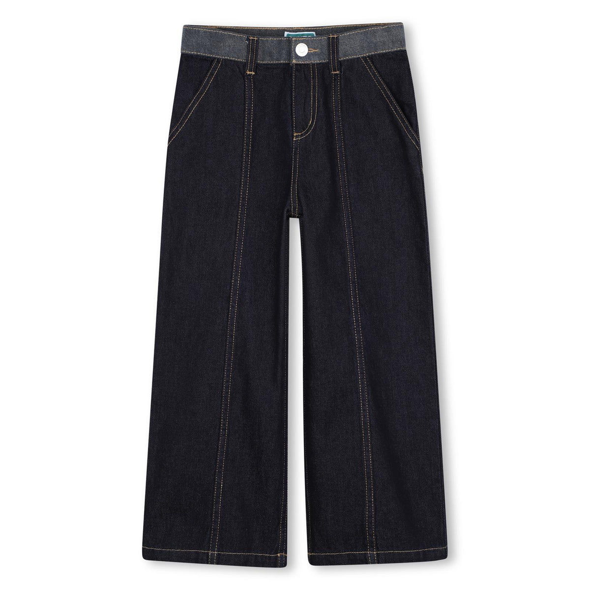 Pantaloni in denim (100% cotton), straight fit, cut-outs on davanti, side tasche e applicato contrasted tasche nel retro, contrasted topstitch, branded label nel retro. K61962 Z35 KENZO KIDS 