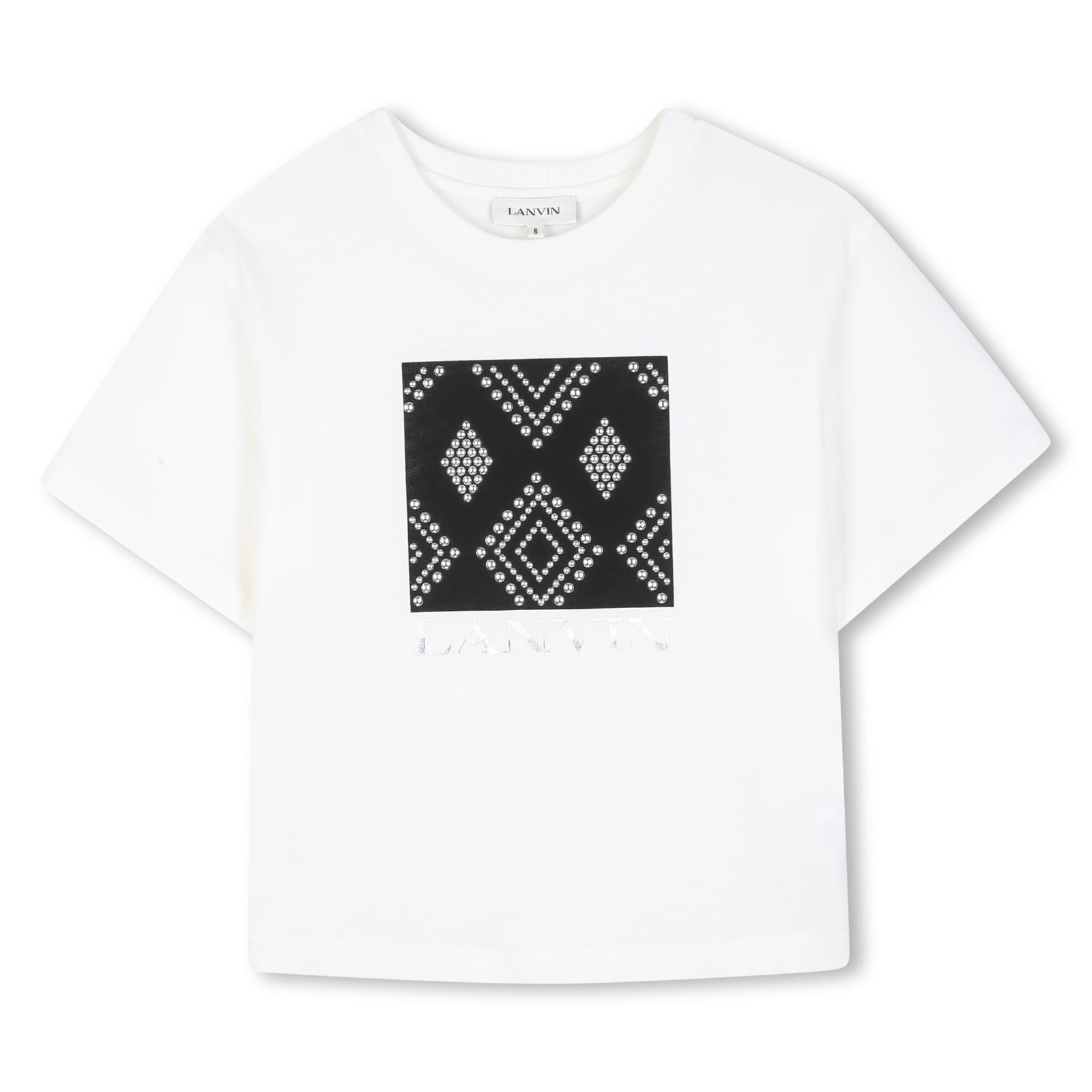 Cotton from organic farming jersey t-shirt con tone-on-tone ribbed scollo. Art deco-inspired motif created con decorative silver metal borchie on a a contrasto printed background. Lanvin branding printed sul davanti. N30399 117 LANVIN KIDS 