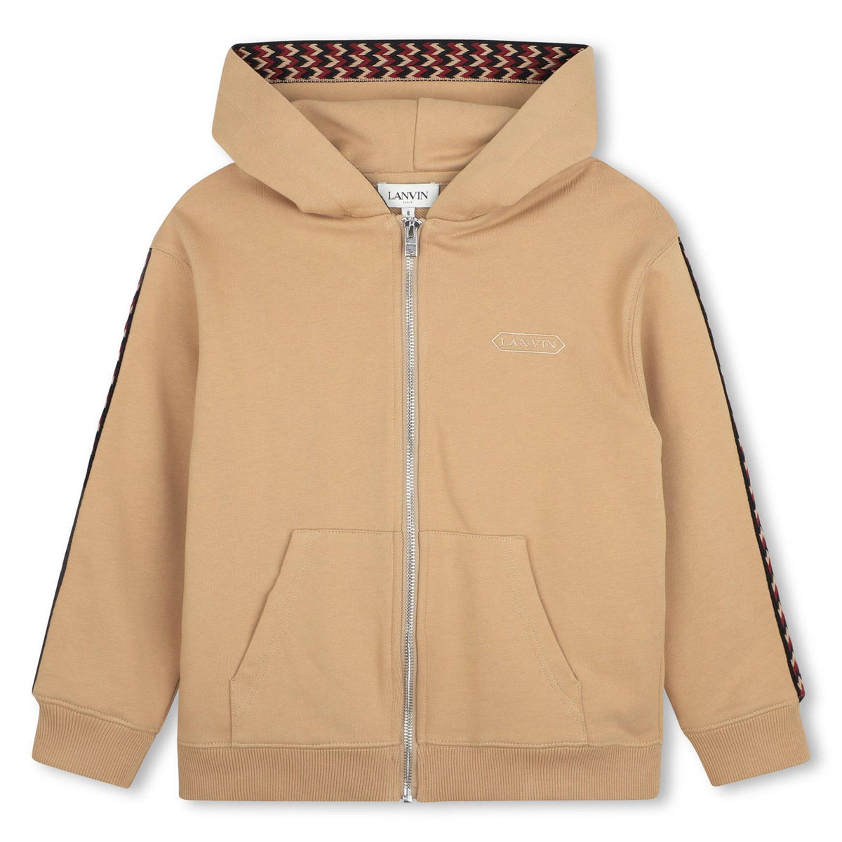 Cotton from organic farming cotone garzato con cappuccio cardigan, cappuccio lined in jersey. Curb braid applied to side of maniche e inside cappuccio. Tone-on-tone lanvin brand ricamo sul davanti e in a contrasto color sul retro. N30424 276 LANVIN KIDS 