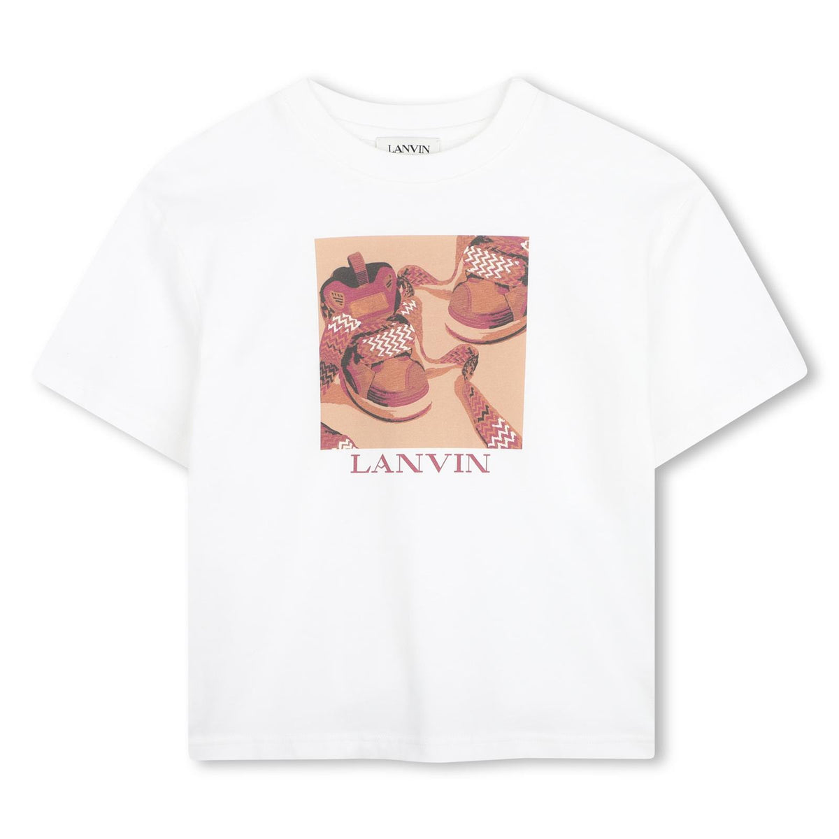 Cotton from organic farming jersey t-shirt con tone-on-tone ribbed scollo. Illustrazione fantasia inspired by curb trainer, con lanvin logo sul davanti. N30428 117 LANVIN KIDS 