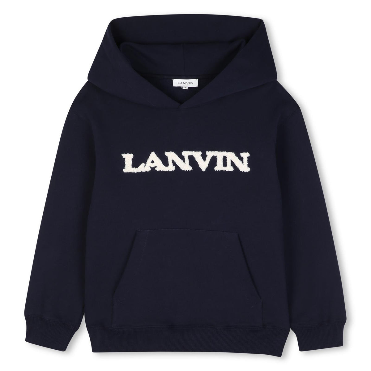 Cotton from organic farming cotone garzato con cappuccio sweatshirt, cappuccio lined in jersey. Tone-on-tone hexagonal faux leather label sul retro of cappuccio con embossed lanvin signature, a contrasto bouclette brand ricamo con lanvin signature su N30435 855 LANVIN KIDS 