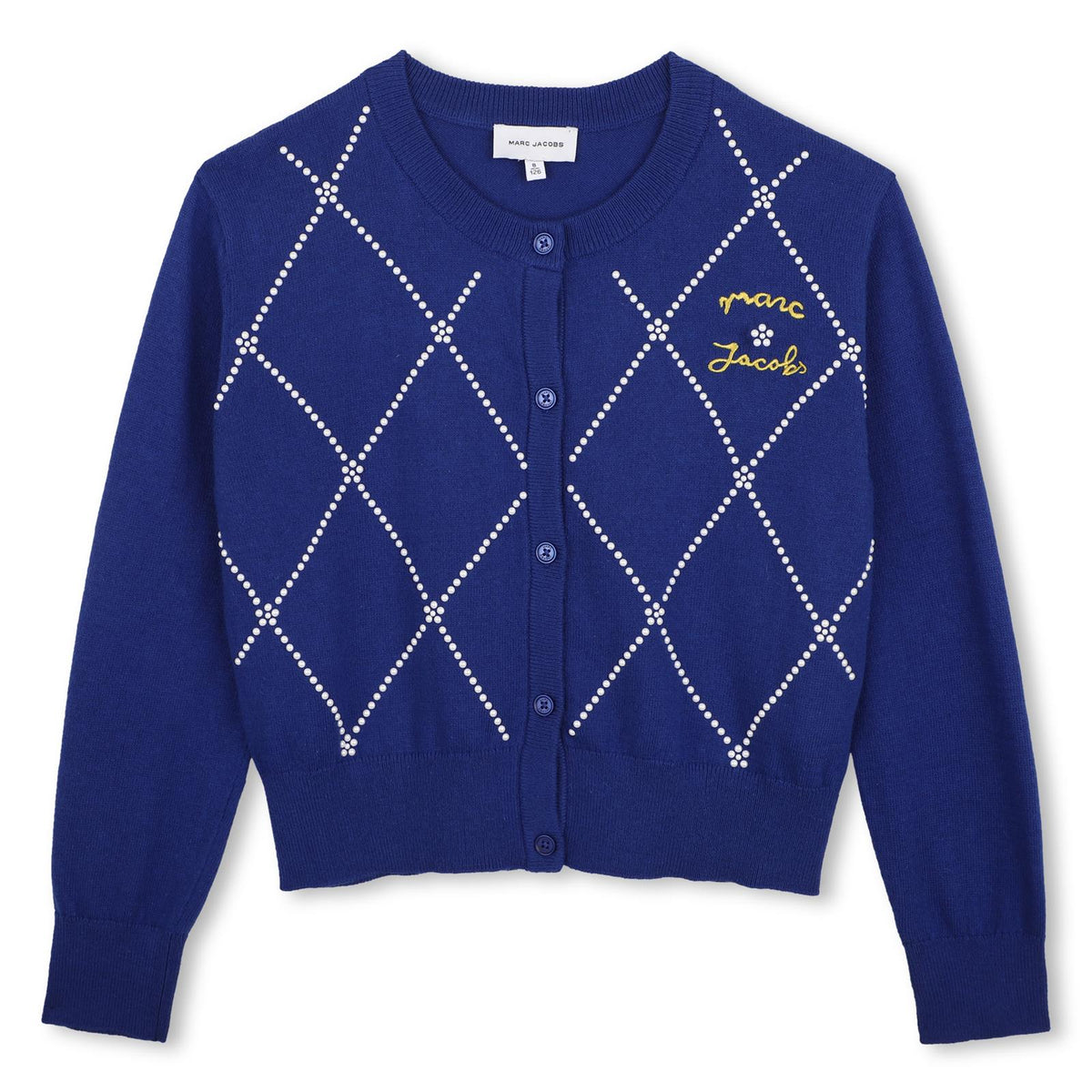 100% cotton knit cardigan adorned con pearl-like borchie sul davanti, featuring a marc jacobs ricamo sul chest. W61003 841 MARC JACOBS KIDS 