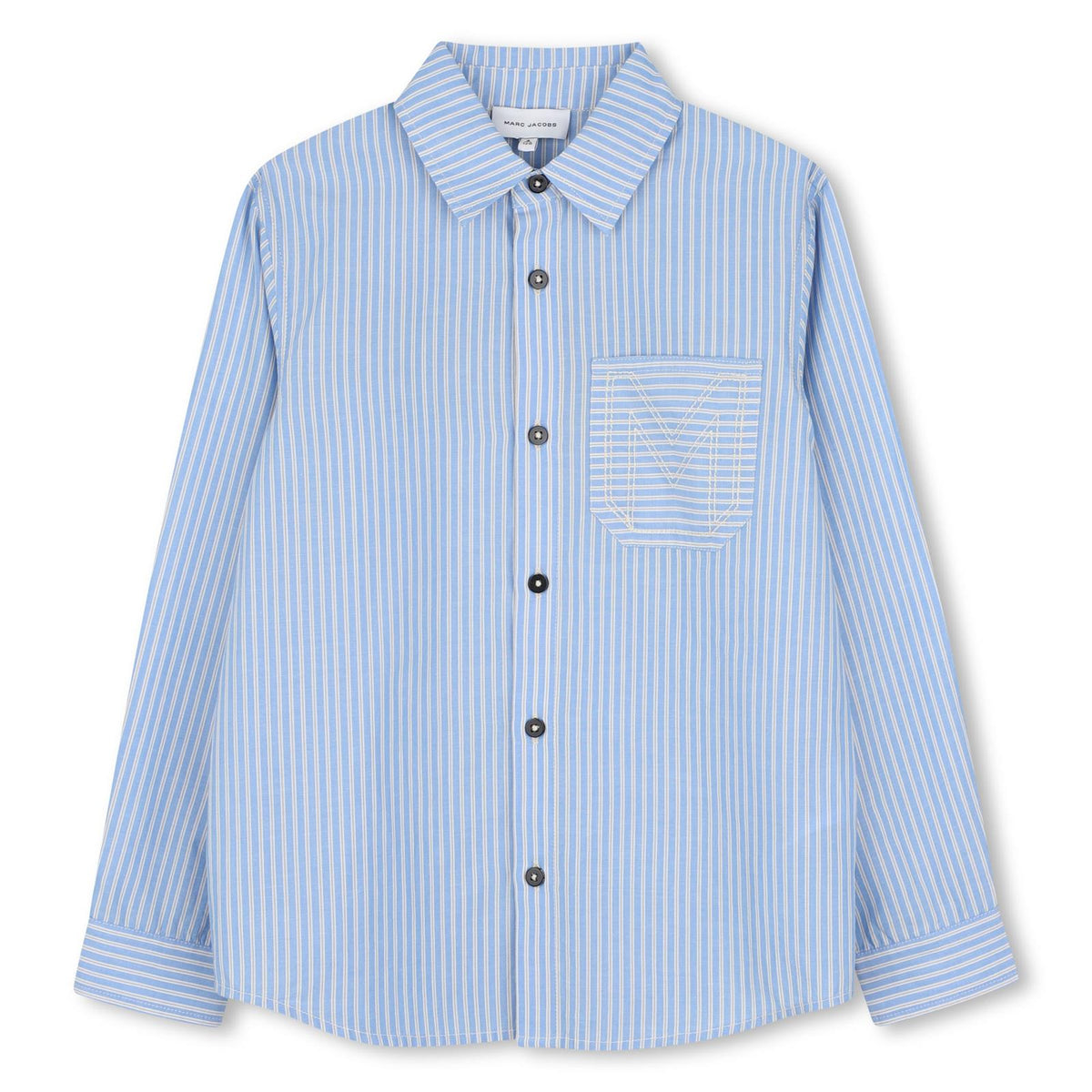 Fine a righe cotton shirt con a chest tasca featuring m ricamo, e marc jacobs ricamo e illustrazione sul retro. W61061 794 MARC JACOBS KIDS 