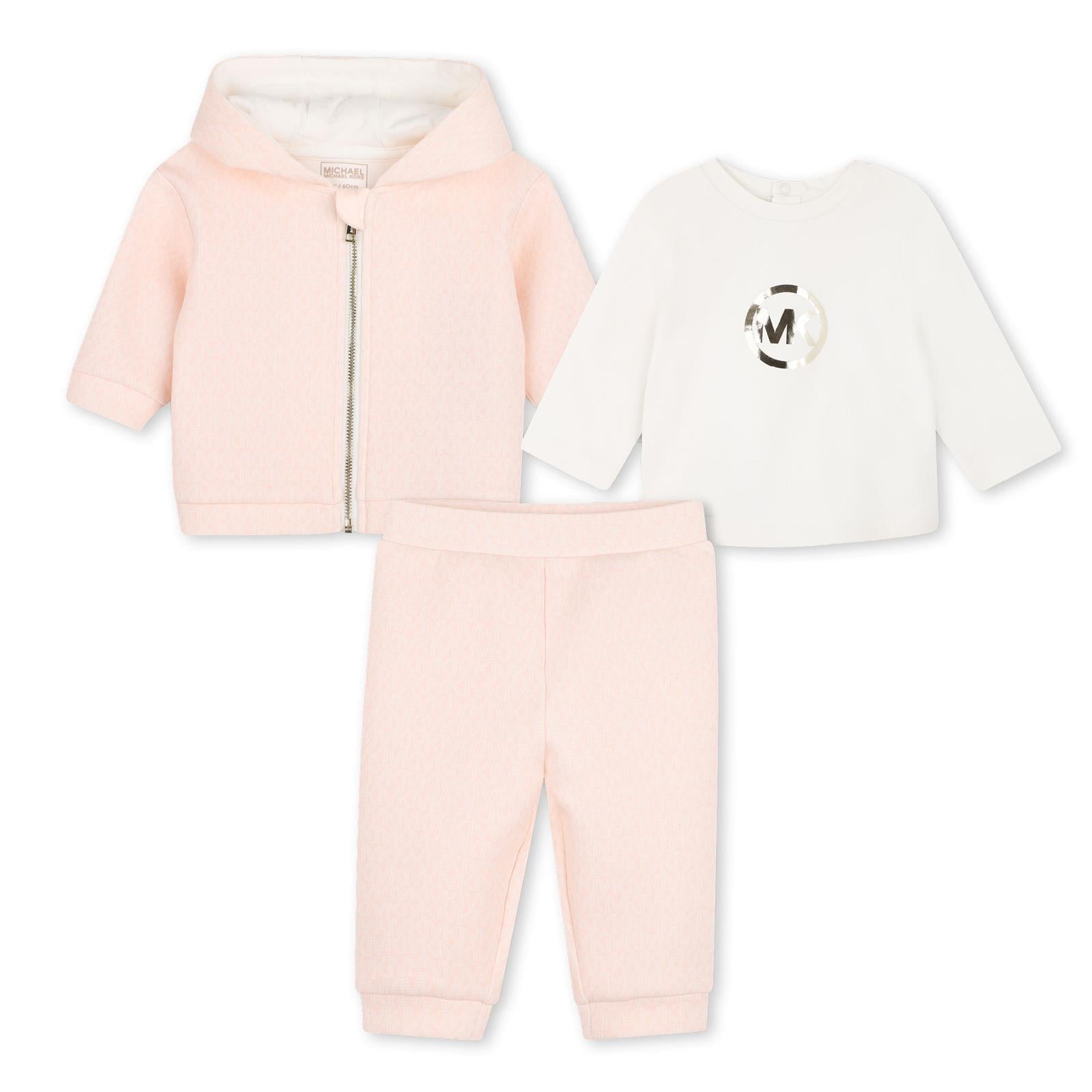 Set of double jersey cardigan e pantaloni, e long-sleeved jersey t-shirt. Con cappuccio cardigan con davanti zip opening e a "mk signature" all-over stampa. T-shirt con snap closures al retro e a "mk charm" effetto metallizzato pink stampa sul chest. R30838 46M MICHAEL KORS KIDS 