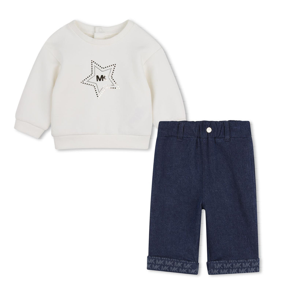 Sweatshirt e pantaloni set. Double jersey sweatshirt con a snaped opening sul retro e illustrazione 'mk star' con gold effetto metallizzato sul davanti. Pantaloni in denim con turn-ups con all-over "mk" illustrazione in laser treatment. Vita elastica R30840 Z10 MICHAEL KORS KIDS 