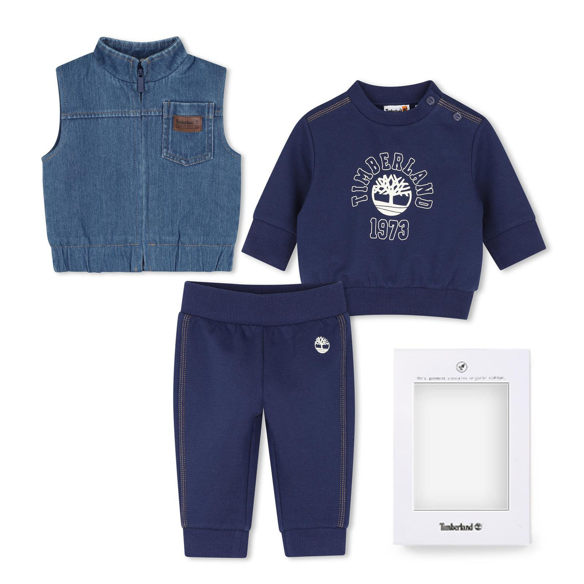 Pantaloni + sweatshirt + sleveless jacket set. 95% cotton from organic farming / 5% elastane brushed cotone garzato sweatshirt e pantaloni, printed logo on davanti e top left leg. 89% cotton / 11% elastane knit denim sleveless jacket, elastico fondo, T61016 84N TIMBERLAND KIDS 