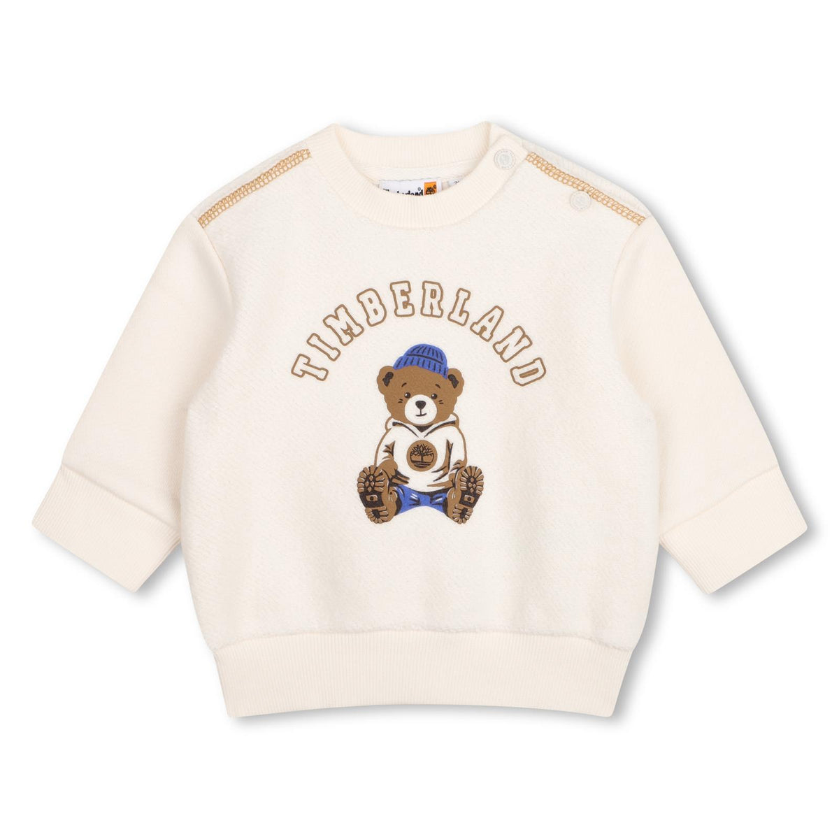100% cotton from organic farming brushed cotone garzato sweatshirt, chiusura con bottoni automatici al spalla, printed e puffed illustrazione on davanti. T61017 127 TIMBERLAND KIDS 