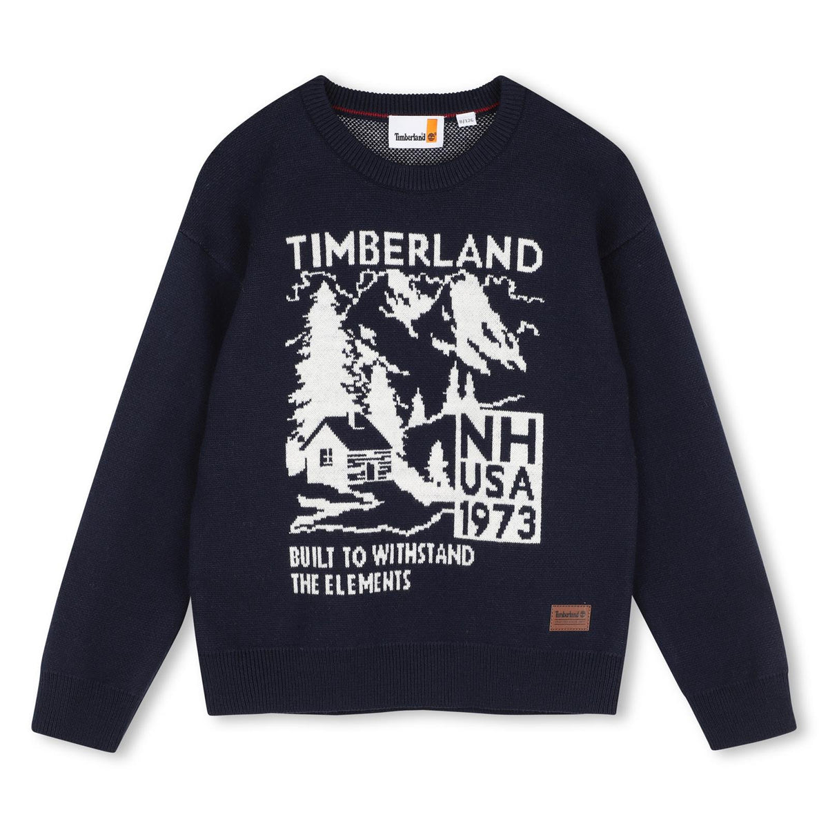 85% cotton / 15% polyester in maglia felpa, jacquard illustrazione on davanti, printed logo on paper label at fondo. T61084 849 TIMBERLAND KIDS 