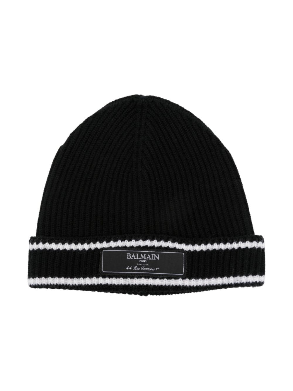 Black ribbed hat with white piping wool