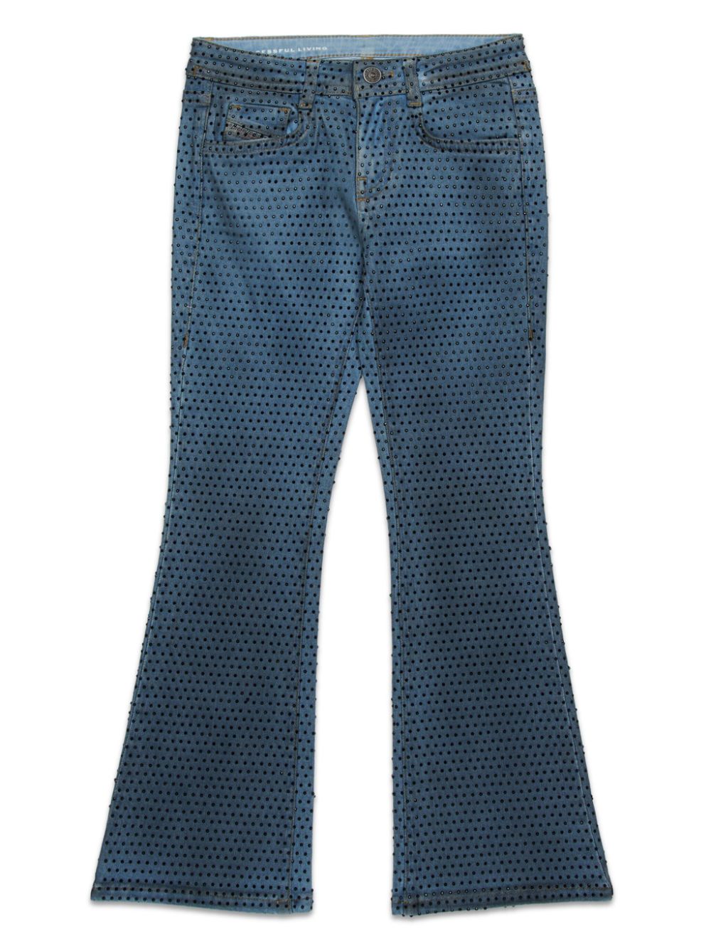 Jeans blu con strass neri all-over