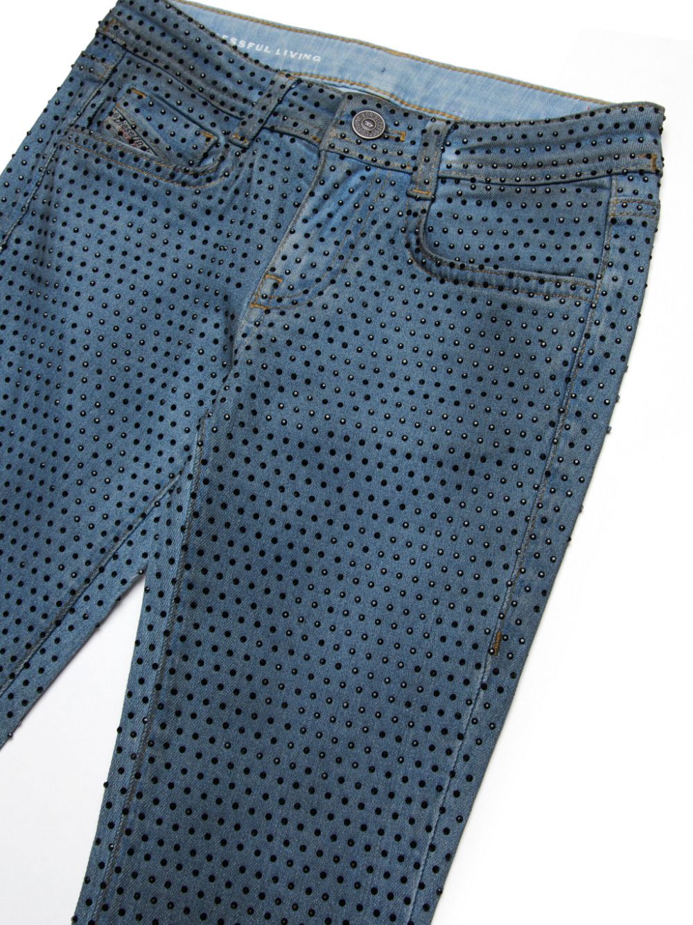 Jeans blu con strass neri all-over