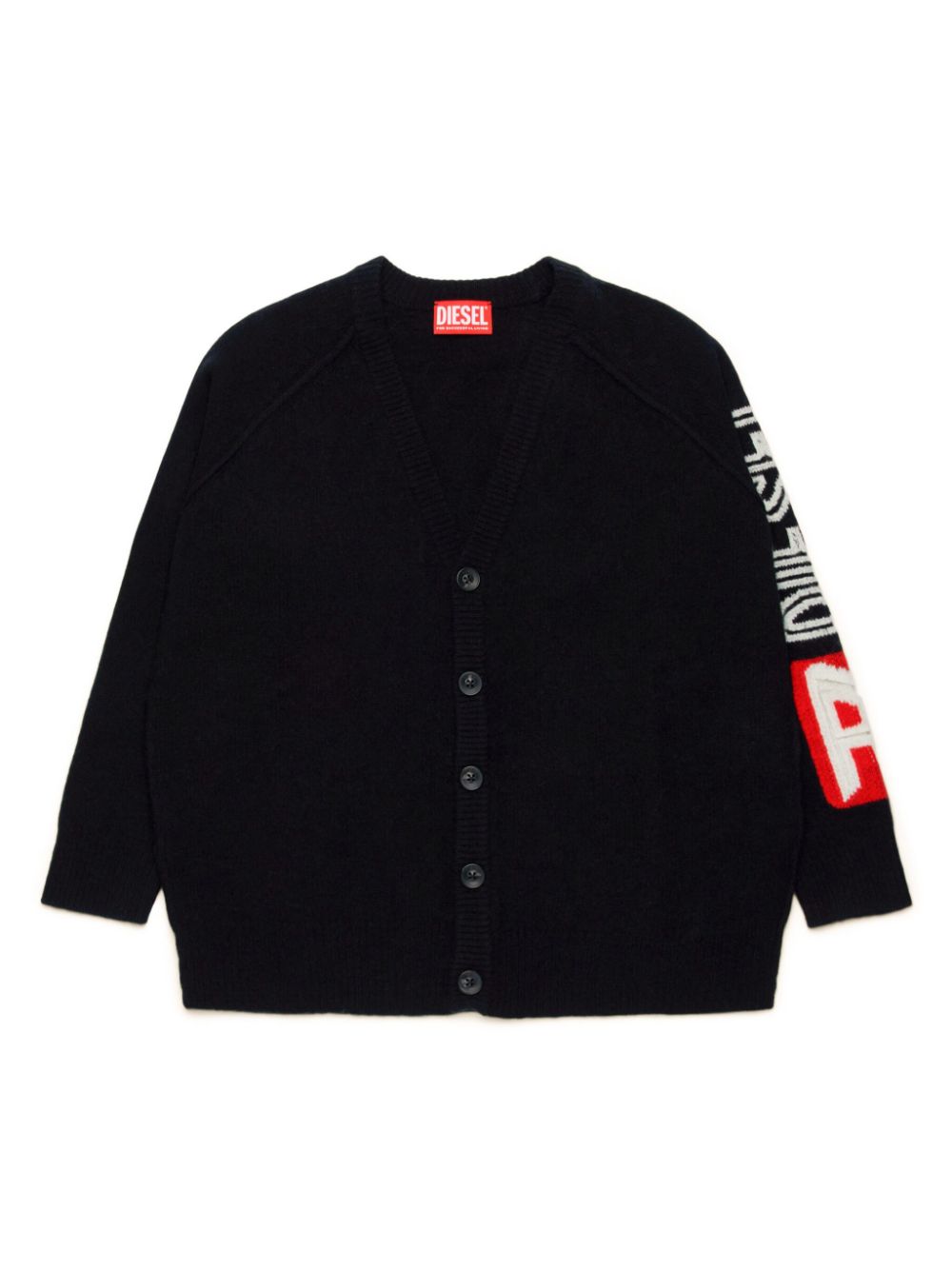 Cardigan nero logo lettering manica