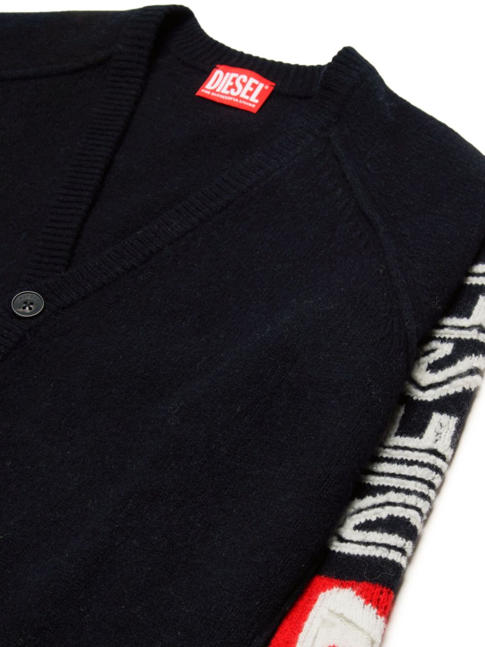 Cardigan nero logo lettering manica