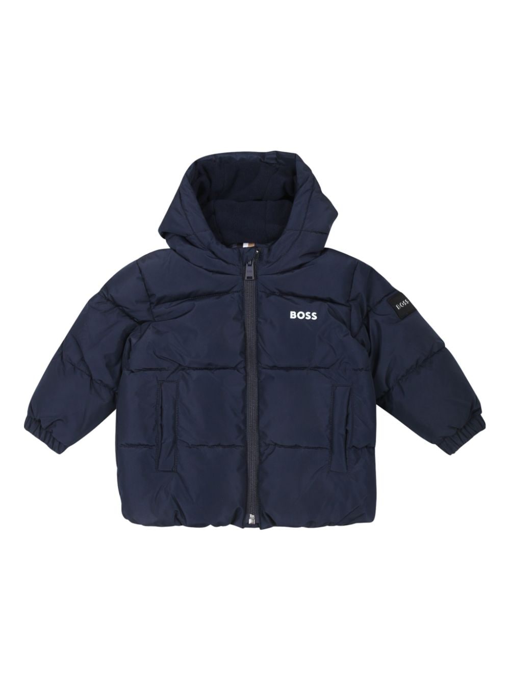 Blue padded jacket with logo sleeve for newborns