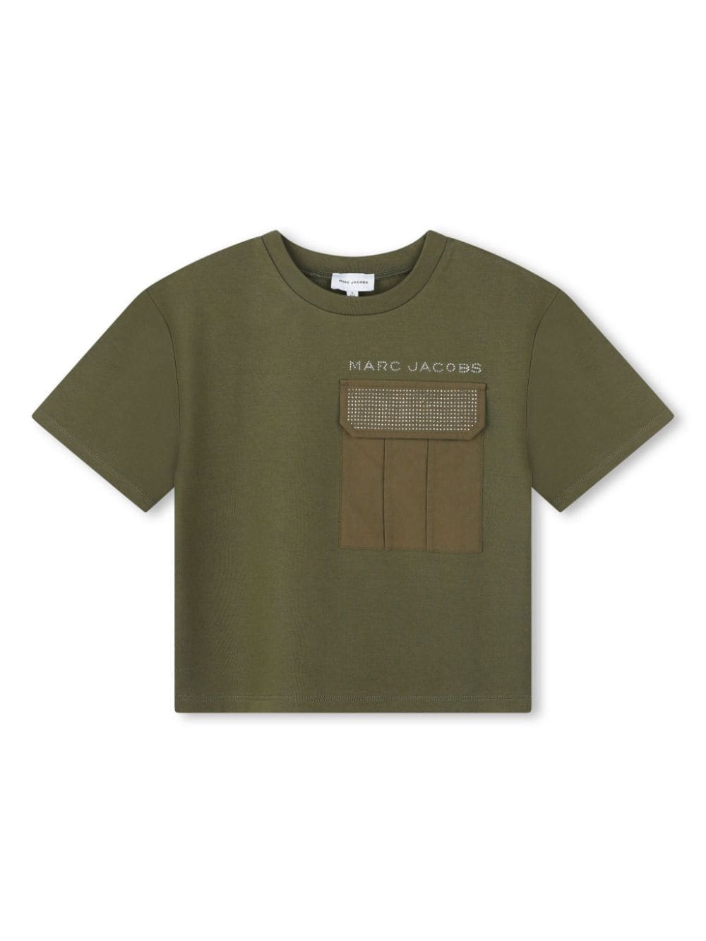 Military green T-shirt with logo and rhinestone pocket