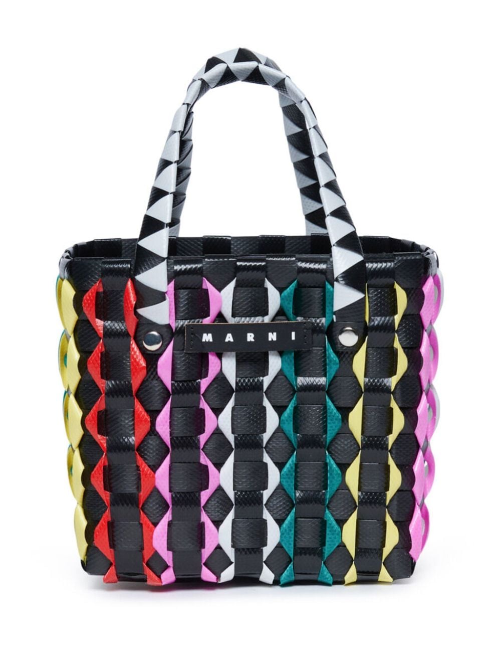 Borsa nera intrecciata fantasia geometrica multicolor