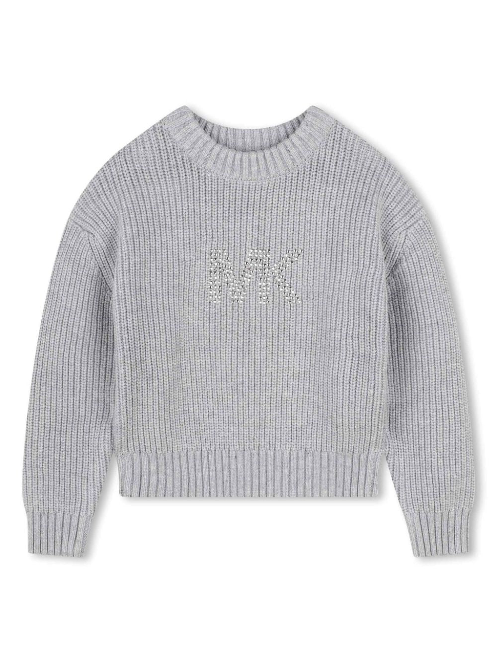 Grey ribbed sweater with rhinestone logo