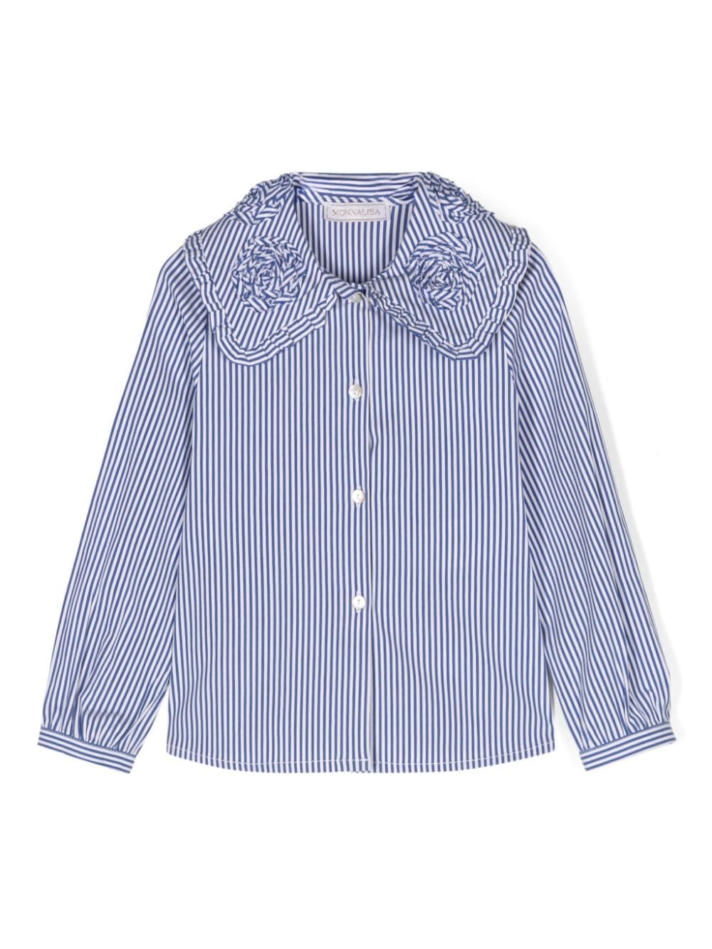 Blue pinstripe shirt with collar embroidery