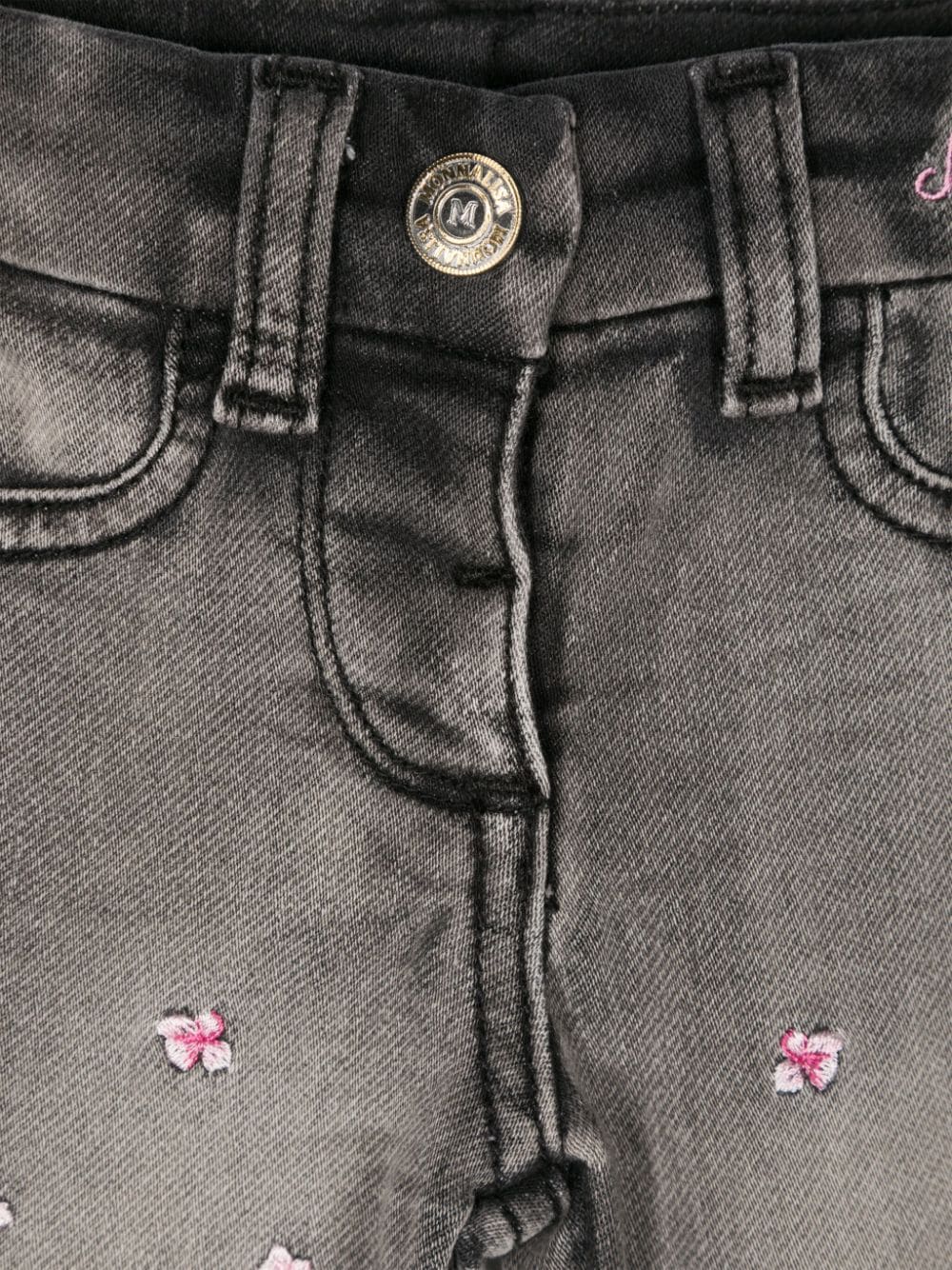 Jeans grigio fiori ricamati neonata