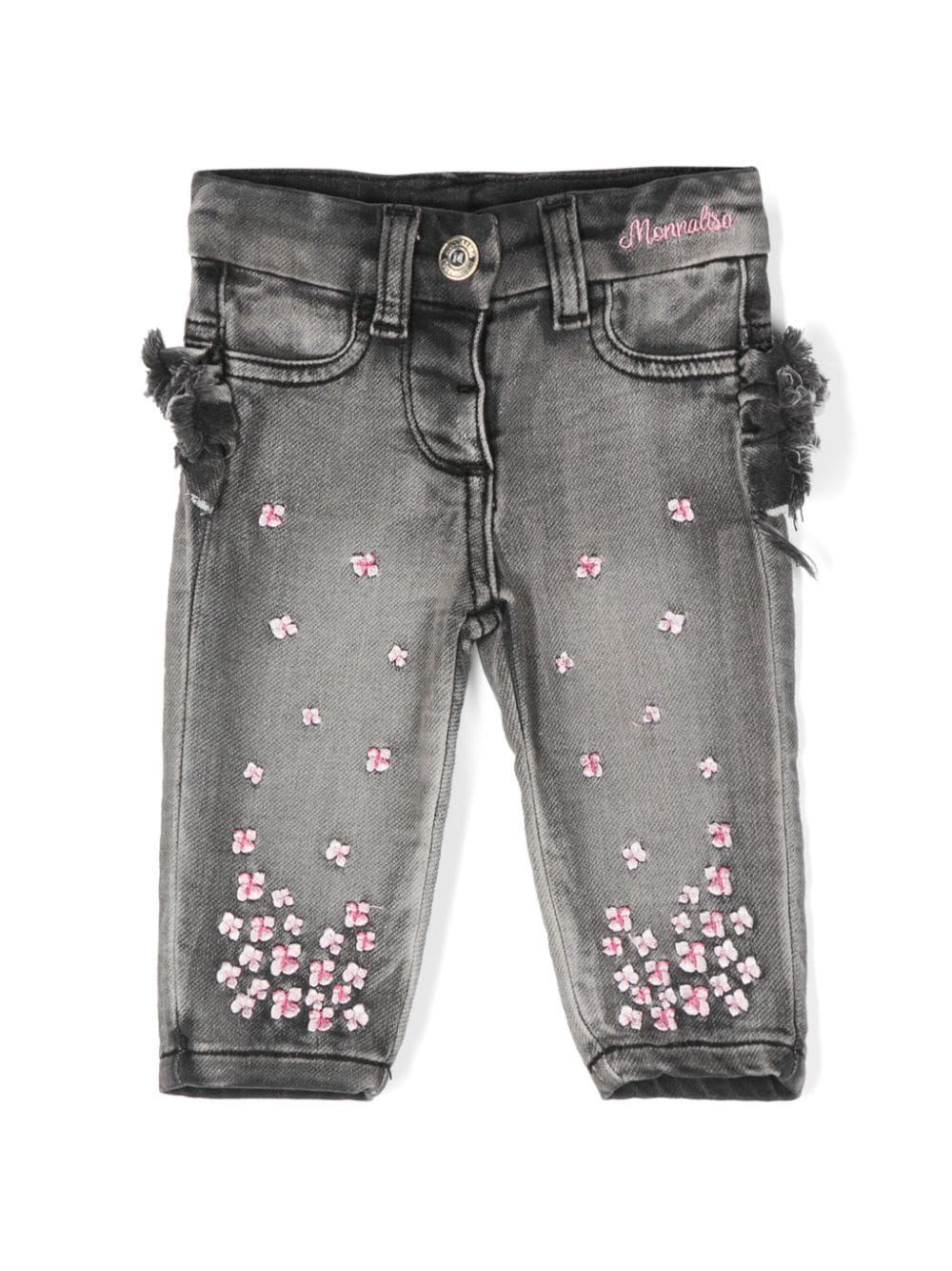 Jeans grigio fiori ricamati neonata