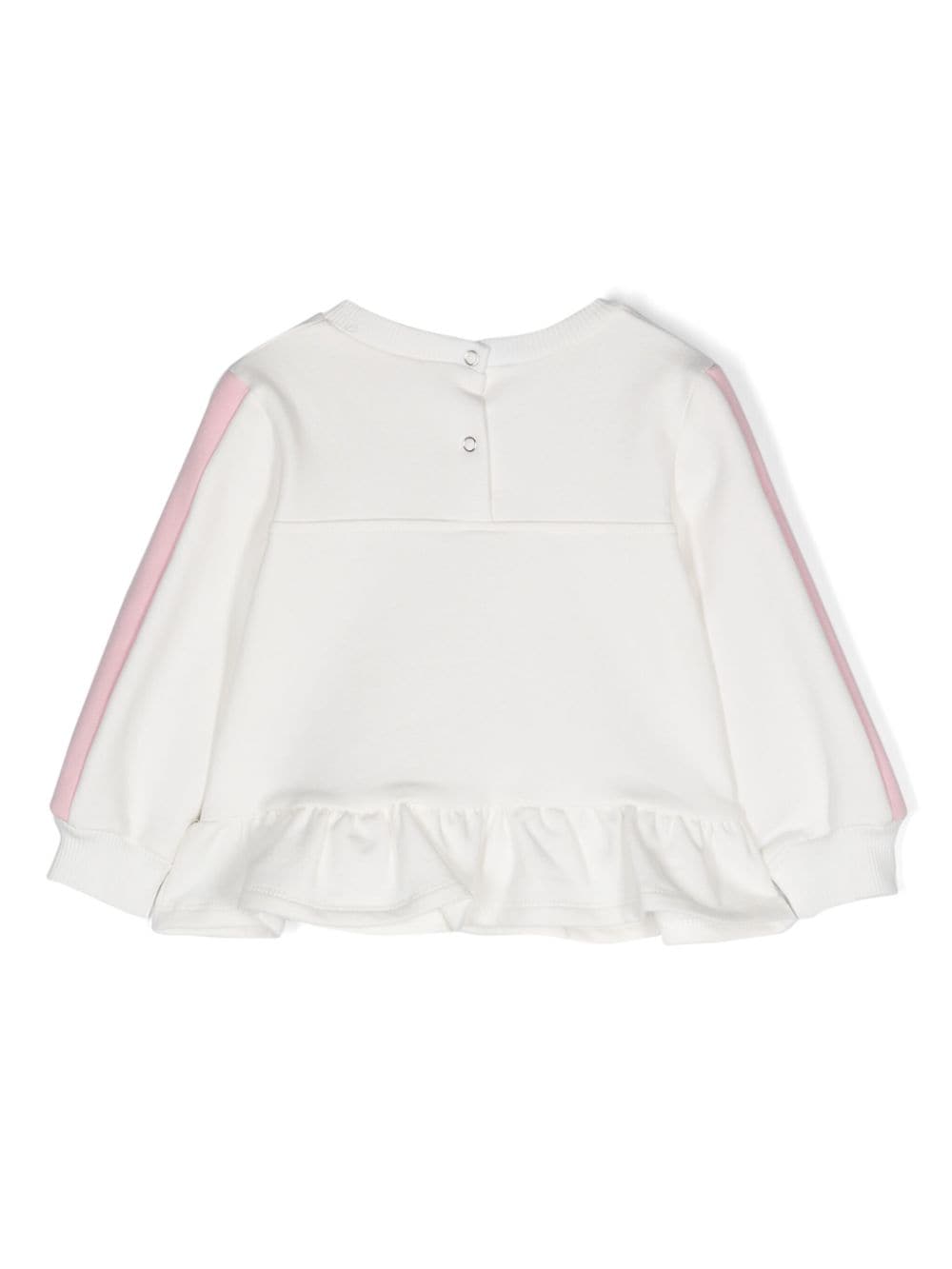 White sweatshirt with teddy print and ruffles