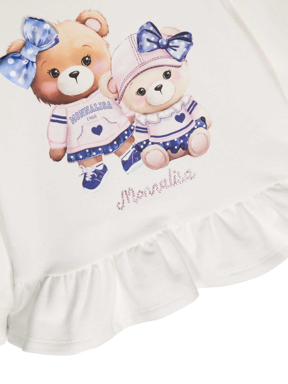 White sweatshirt with teddy print and ruffles