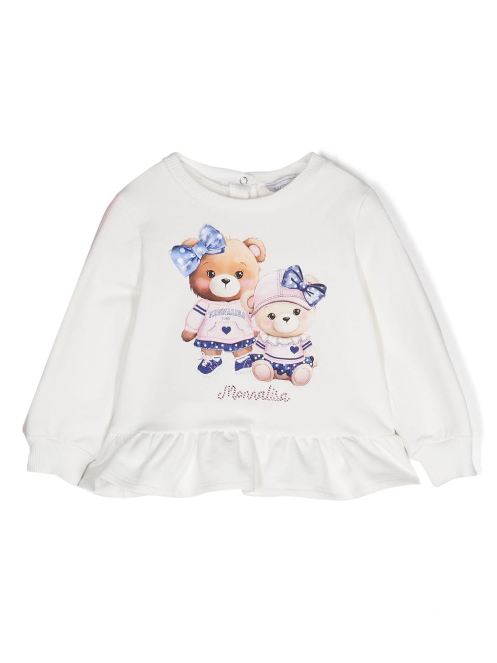 White sweatshirt with teddy print and ruffles