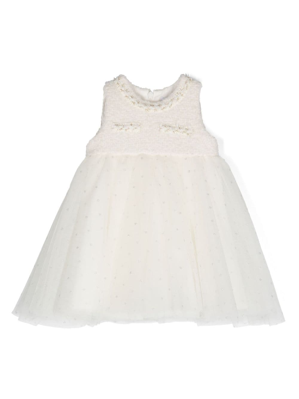 White dress with boucle effect and tulle