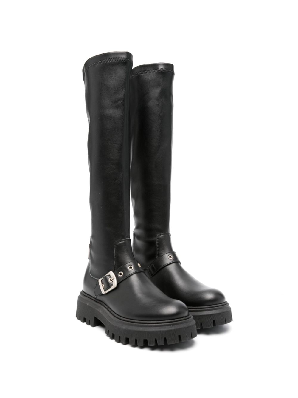 Black high boot with decorative buckle