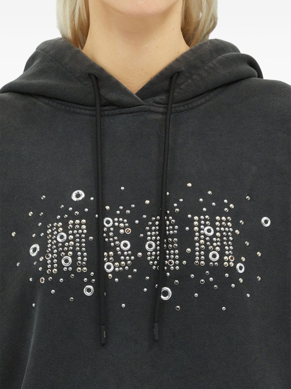 Grey sweatshirt with rhinestone logo and eyelets