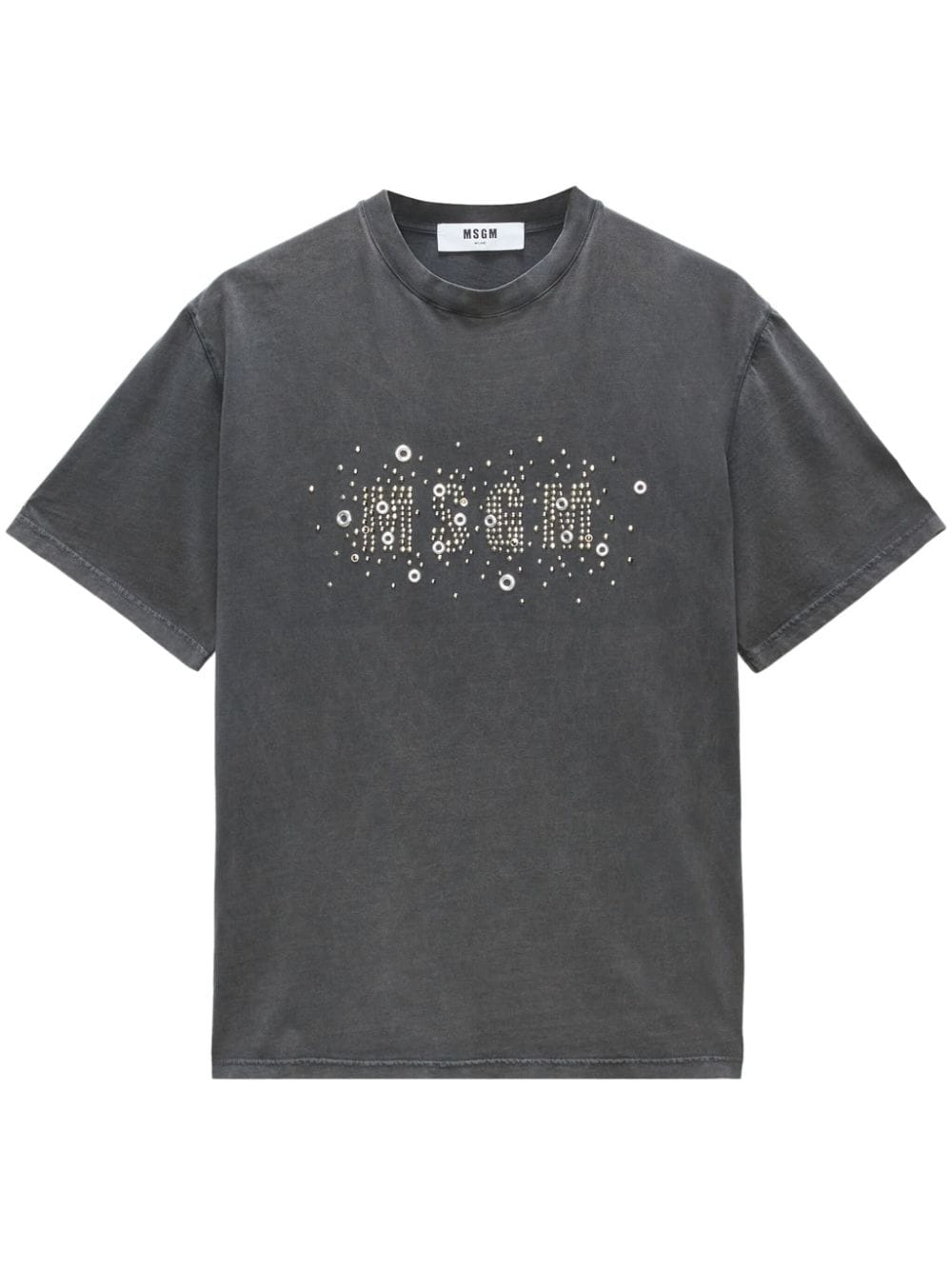 Grey T-shirt with rhinestone logo and eyelets