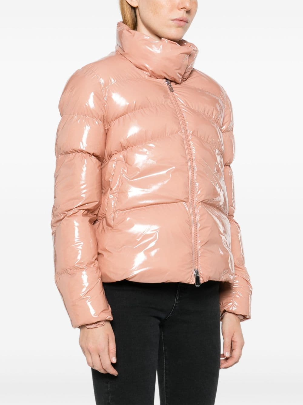 Padded peach jacket with patent effect