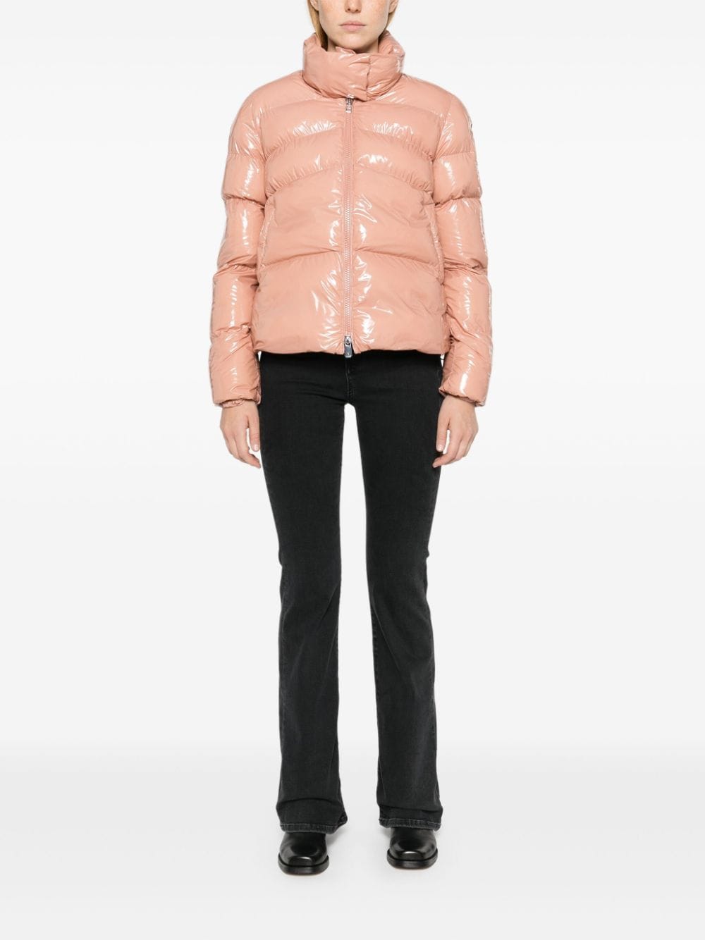 Padded peach jacket with patent effect