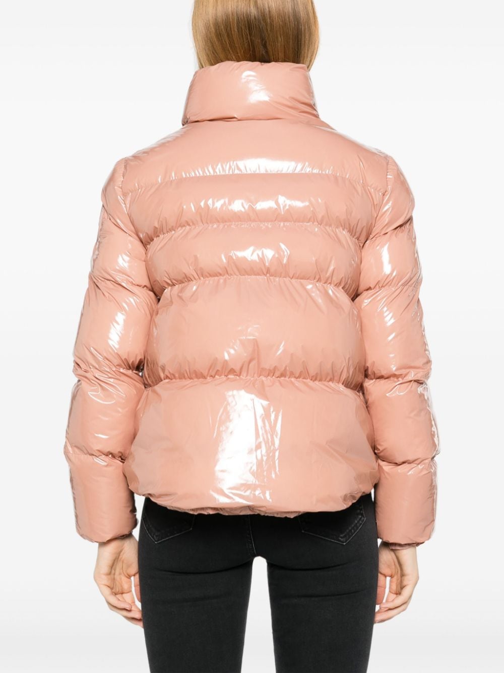 Padded peach jacket with patent effect