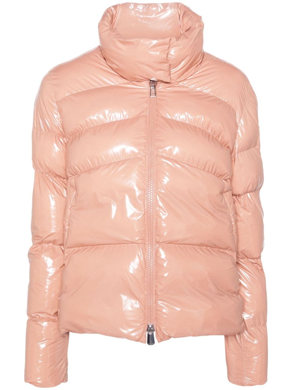 Padded peach jacket with patent effect