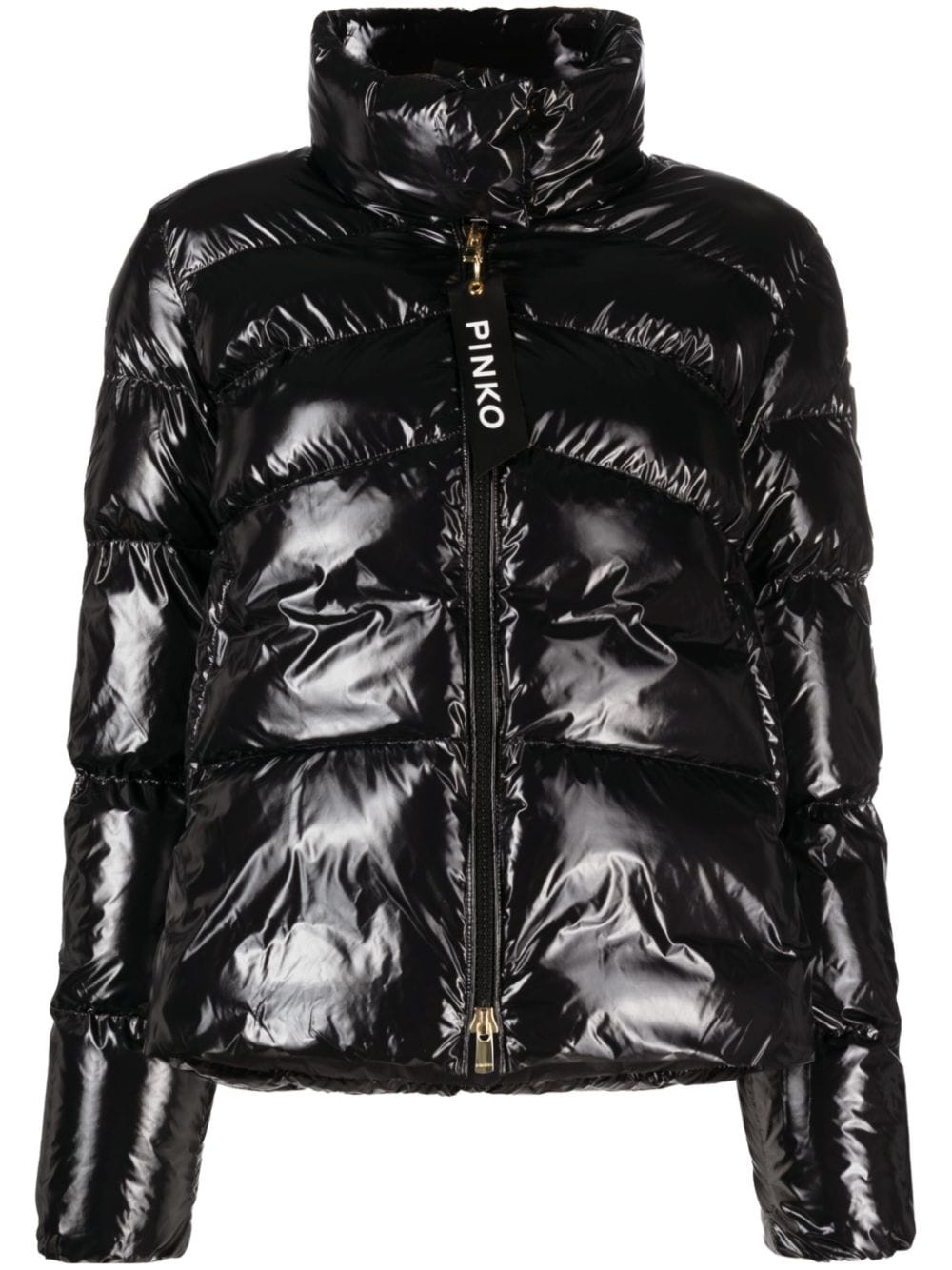 Black padded jacket with patent leather effect