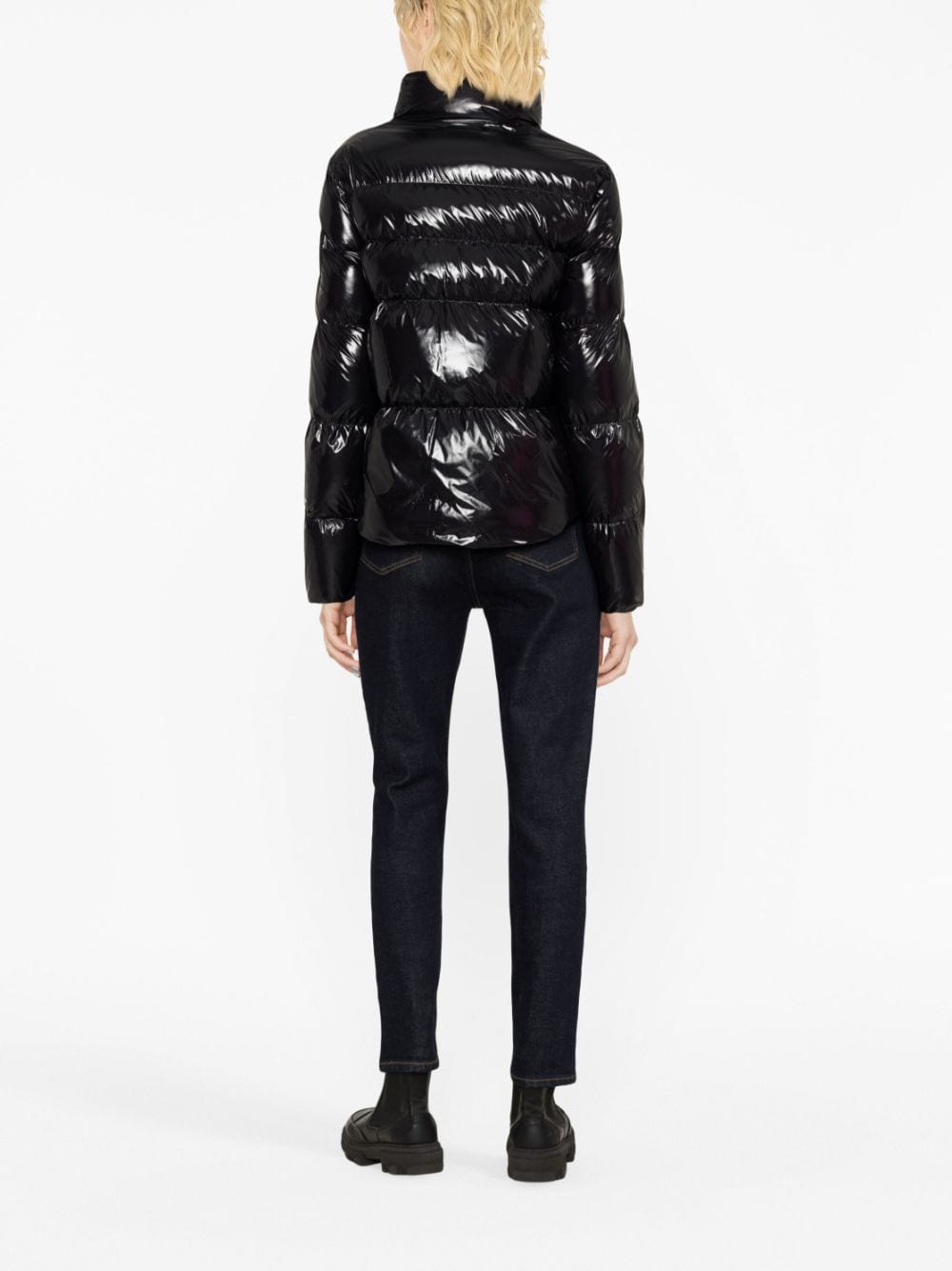 Black padded jacket with patent leather effect