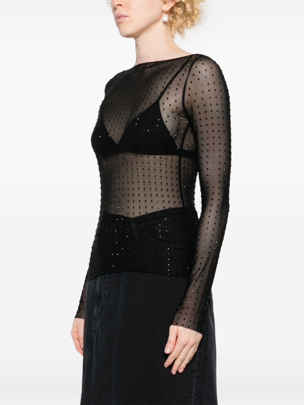 Black semi-transparent mesh with rhinestones