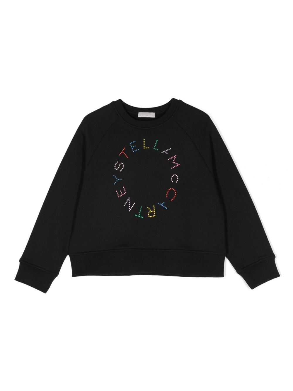 Black sweatshirt with circular rhinestone logo