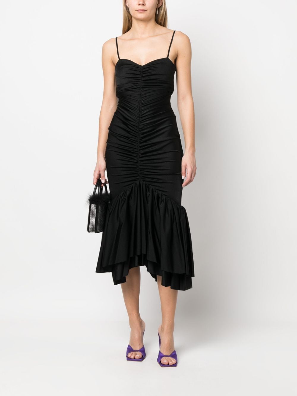 Long black draped dress