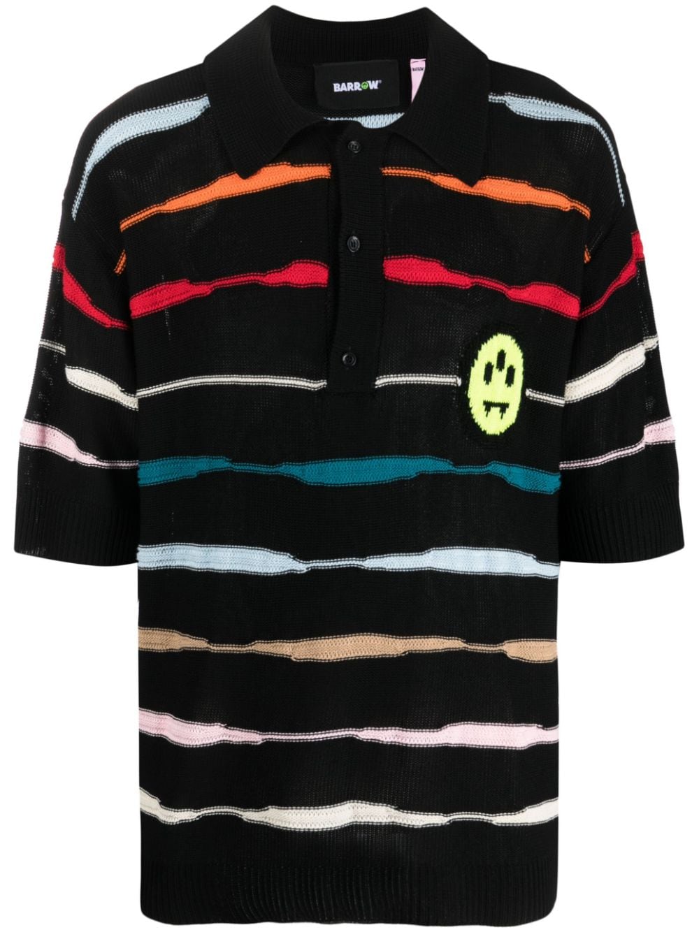 Black polo shirt with multicolor horizontal stripes