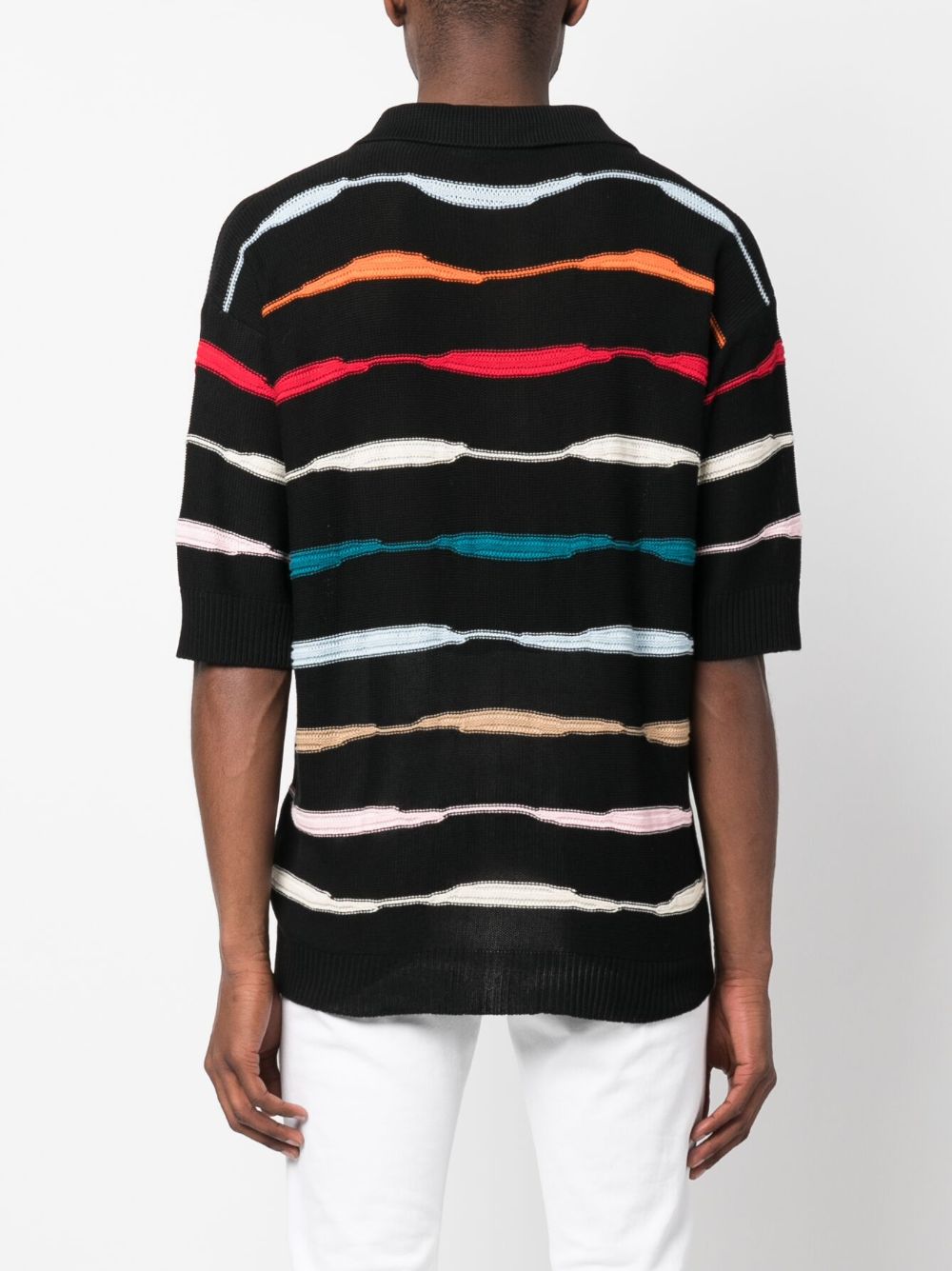 Black polo shirt with multicolor horizontal stripes