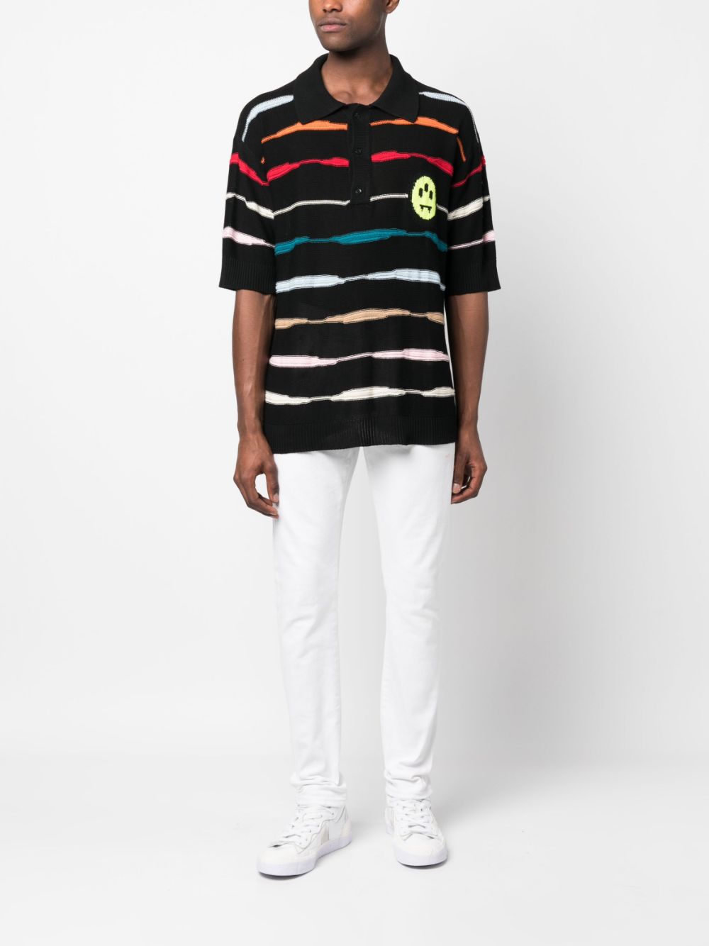 Black polo shirt with multicolor horizontal stripes