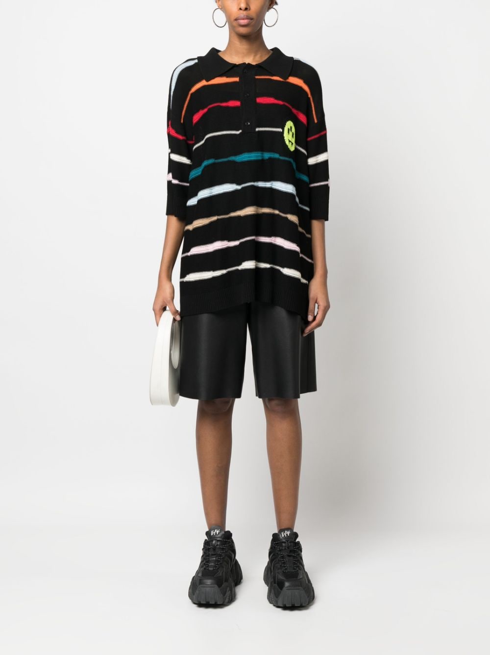 Black polo shirt with multicolor horizontal stripes