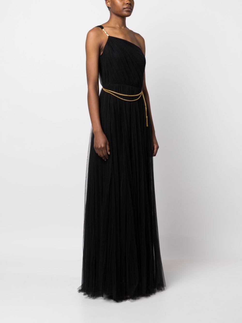 Long Chiffon One Shoulder Black Dress