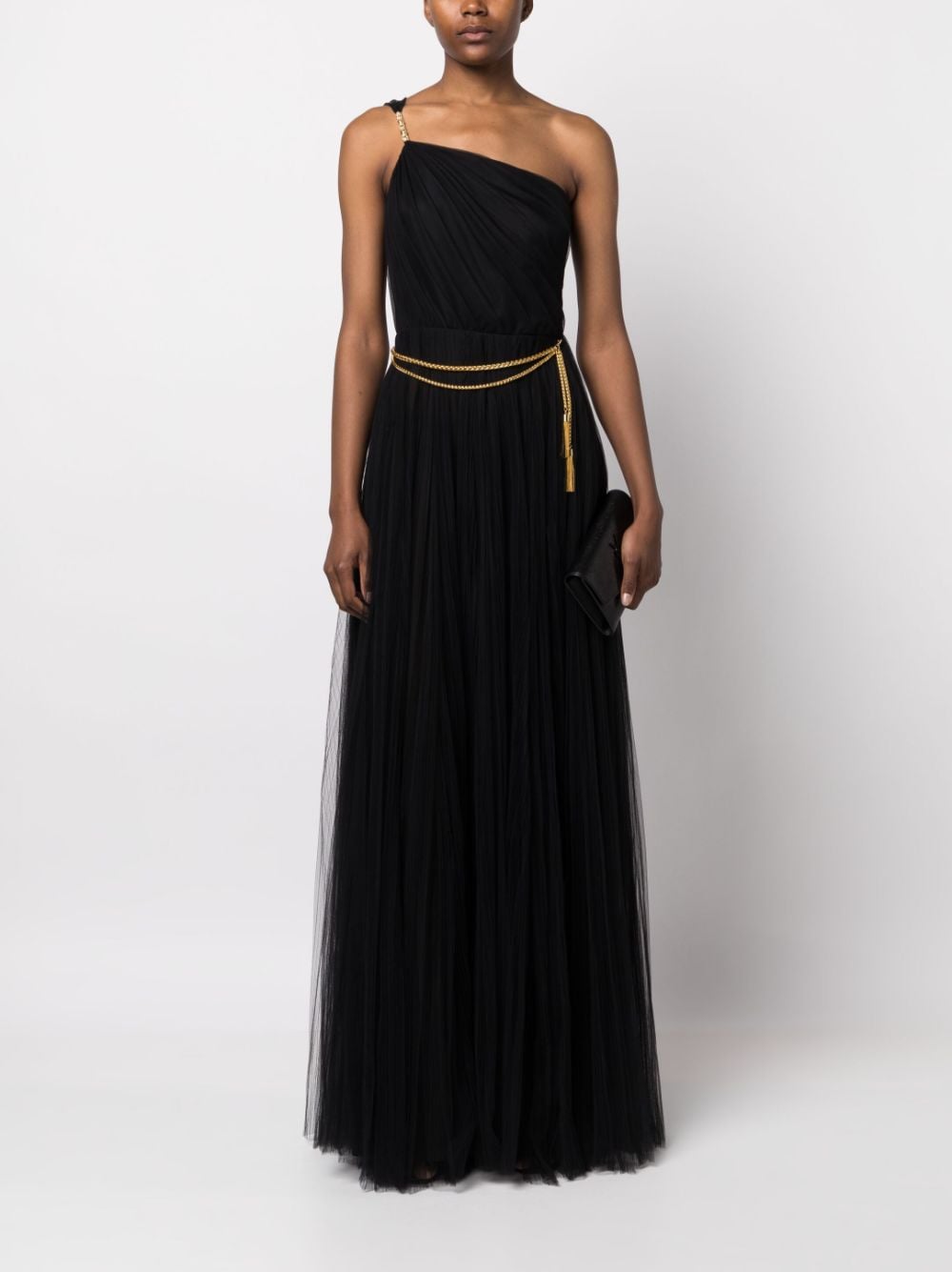 Long Chiffon One Shoulder Black Dress