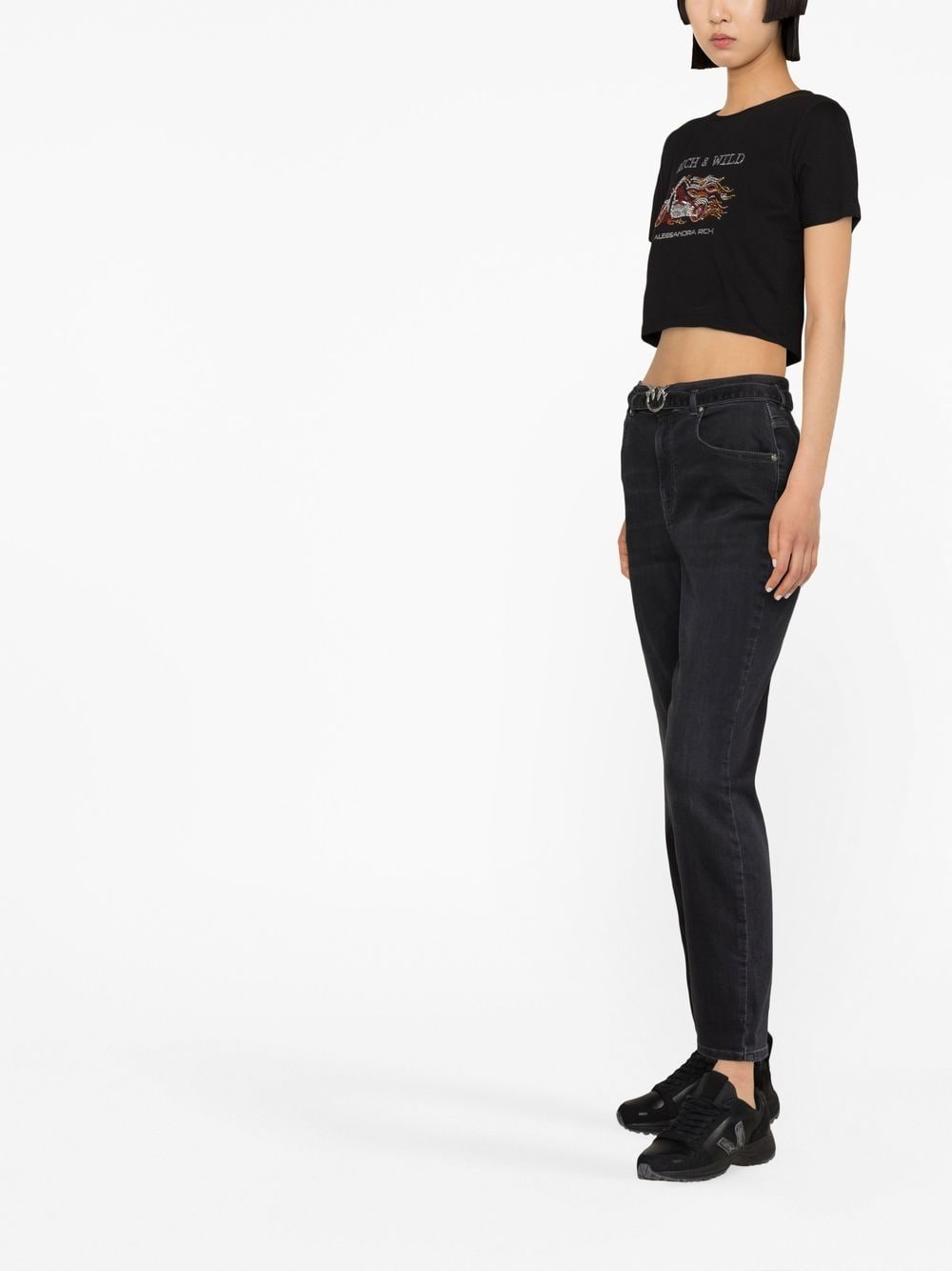 Black straight jeans with Love Birds belt